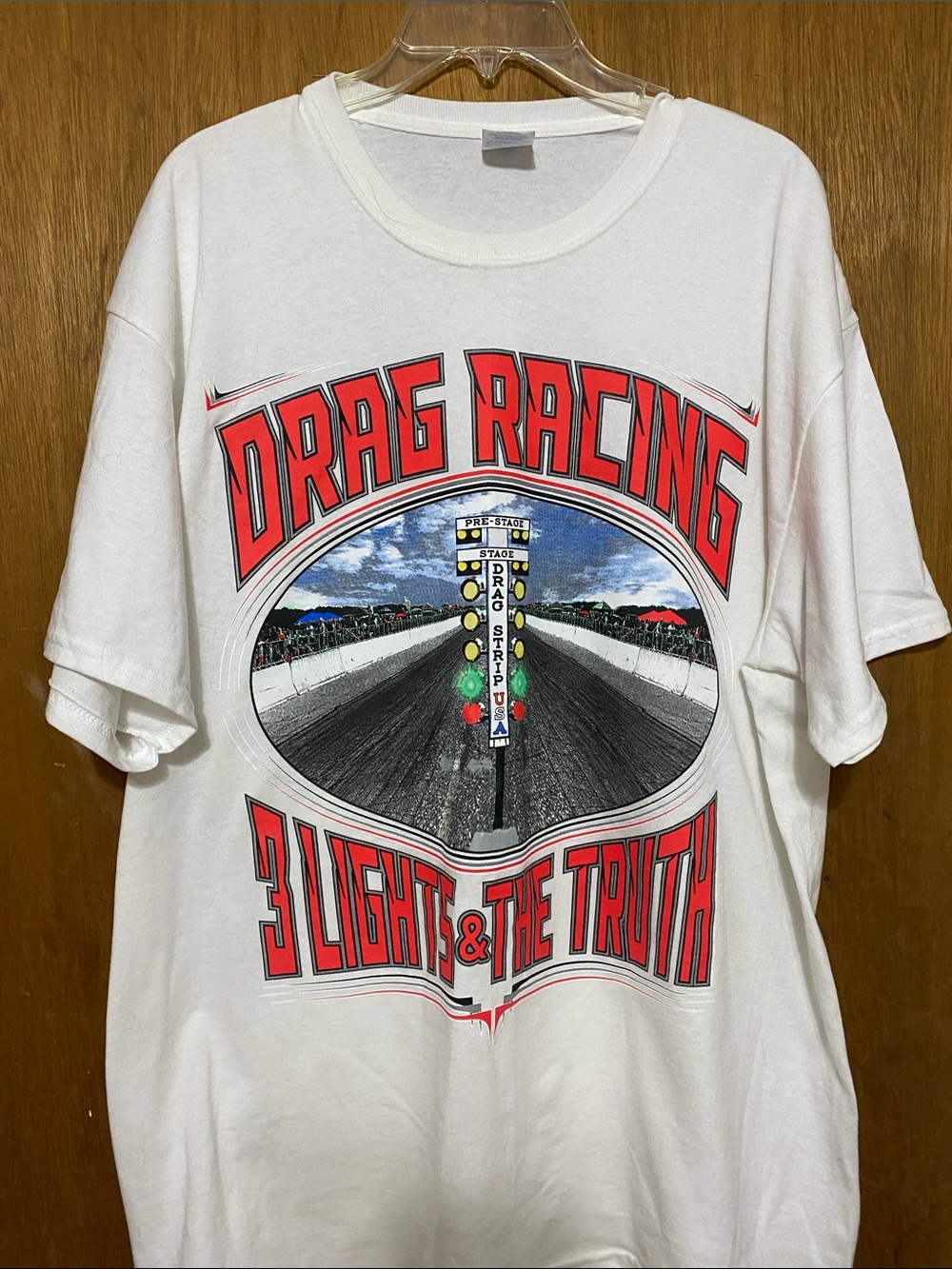 White Men's Drag Racing Graphic Tee with Red Accents